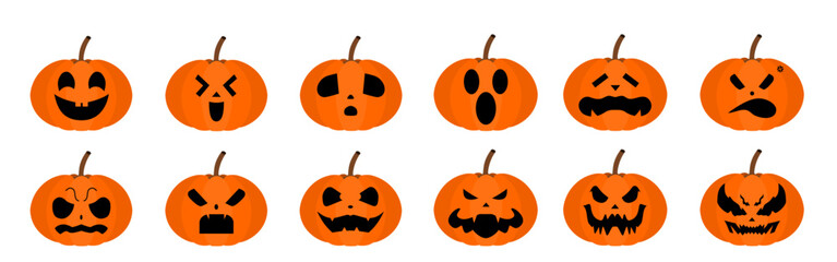 set of pumpkin expression vector flat design. collection of jack o lantern face