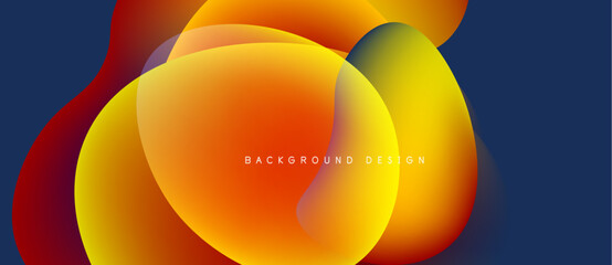 Abstract fluid shapes overlap, creating vibrant orange, yellow, red gradients. Dark blue background provides contrast. Modern design element.