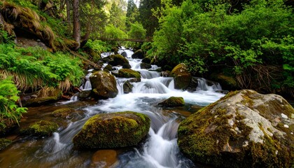 Obraz premium Pristine clear stream meandering over weathered rocks in a lush green valley, sparkling water under dappled sunlight