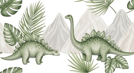 Obraz premium Watercolor Illustration of Two Dinosaurs with Palm Leaves and Mountains Background