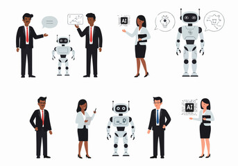 Diverse business professionals interact with artificial intelligence robots, showcasing modern technology integration, automation, and innovation in various business settings.