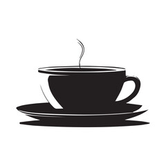 Illustration of a black coffee cup and saucer with steam rising on a white background design element
