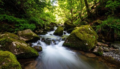 Obraz premium Pristine clear stream meandering over weathered rocks in a lush green valley, sparkling water under dappled sunlight