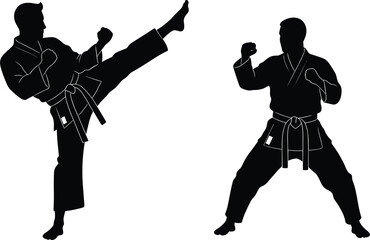 Karate combat action, martial arts silhouette fighters in uniform, high kick pose, self defense training, isolated black vector illustration, sparring competition stance