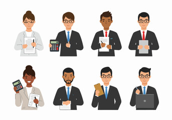 Diverse group of professional business people and accountants in various roles, holding office tools and documents, isolated cartoon illustrations.