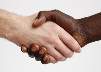 Interracial handshake, close-up. Two hands, one light-skinned, one dark-skinned, clasped in a firm handshake against a plain white background