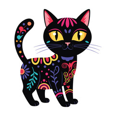 Obraz premium Colorful folk art style cat with vibrant patterns and yellow eyes – stock vector flat illustration
