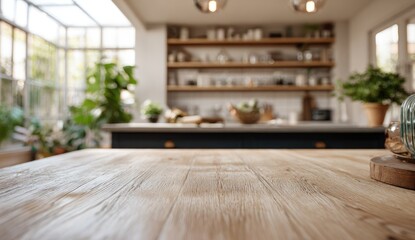 Wooden kitchen table, sunny conservatory background, product placement