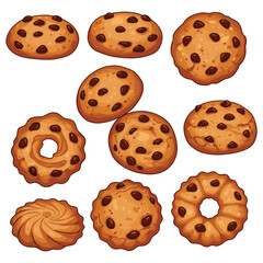 Assorted chocolate chip cookies with varied shapes and textures – stock vector flat illustration
