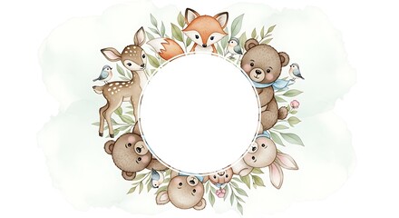 Watercolor Woodland Animals Frame with Deer, Fox, Bear, Rabbit, Birds and Leaves
