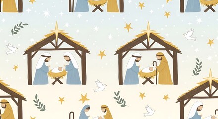 Naklejka premium Whimsical Christmas Nativity Scene Pattern with Stars, Doves, and Holy Family