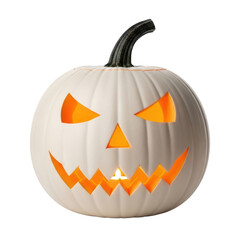 A white halloween pumpkin carved into a spooky jack o lantern with glowing orange eyes and mouth, perfect for holiday designs.