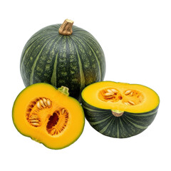 A whole green kabocha squash is displayed alongside two halves, revealing its bright orange interior and seeds. Ideal for healthy eating and cooking concepts.