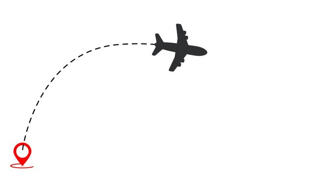 Travel flying route destination, Travel on an airplane map, simple animation. Airplane line path motion animation showing a flight route with dashed line trace from start point to destination. Travel,