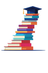 A tall colorful stack of books forming a staircase topped with a blue graduation mortarboard and tassel.
