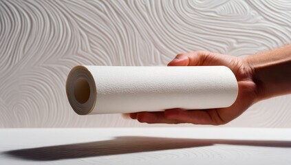 Hand holding filter roll, white background, studio