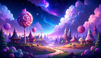 Colorful, fantasy landscape of a whimsical village.
