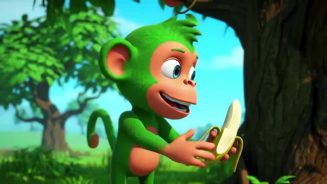 Playful cartoon monkey with big blue eyes swings from a tree branch eating a banana, set against a lush, bright green forest backdrop