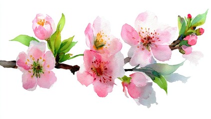 Fototapeta premium Pink blossom branch, spring watercolor painting, white background, floral design, greeting card