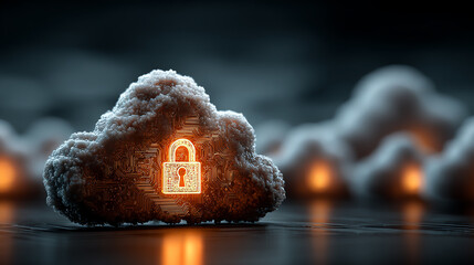 A digital cloud with a glowing lock, representing cybersecurity and data protection in a modern technological environment.