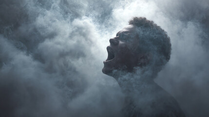 A dramatic portrayal of a figure screaming in a misty atmosphere, capturing raw emotion and intensity in a moment of despair.