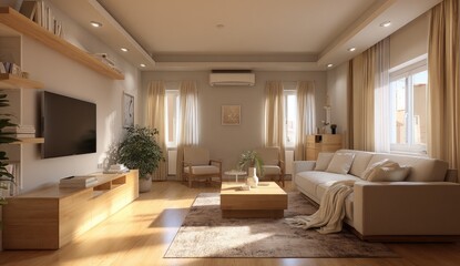 Modern living room design, sunlight, apartment, calm interior