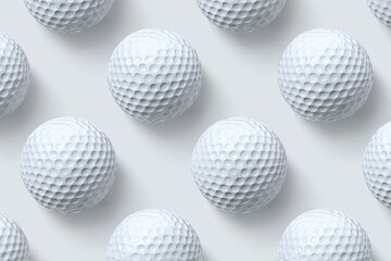 Golf balls arranged in a symmetrical pattern on a light gray background.  Each ball has a dimpled surface