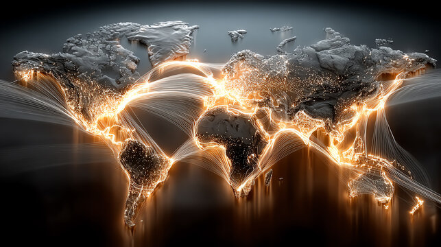 A futuristic digital representation of a world map illuminated by glowing connections symbolizing global communication and technology.