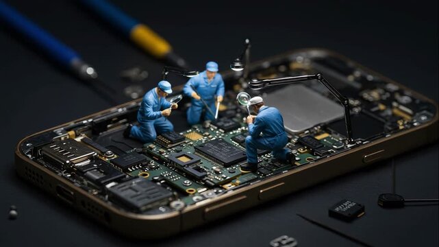 Tiny workers in protective suits repair smartphone parts on a microchip with components. Concept of microtechnology and surrealism