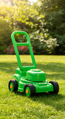 Fototapeta premium Photo Of A Green Toy Lawnmower On Grass Outdoors With Soft Sunlight