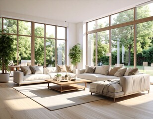 A luxurious minimalist living room with floor-to-ceiling windows, sunlight streaming in, modern furniture, and a neutral color palette.