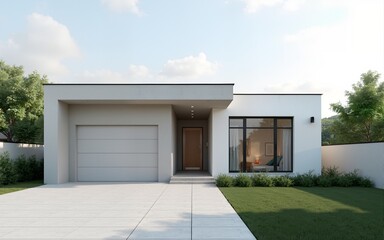 Modern house, Minimal architecture with empty wall and concrete garage driveway, 3d rendering of luxury property building. High quality