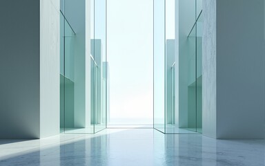 3d render of abstract futuristic glass architecture with empty concrete floor. High quality