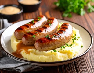 grilled pork sausages served on creamy mashed potatoes with onion gravy