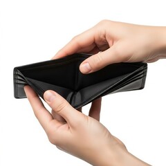 An empty black leather wallet being held open by two hands, symbolizing financial difficulty and lack of money