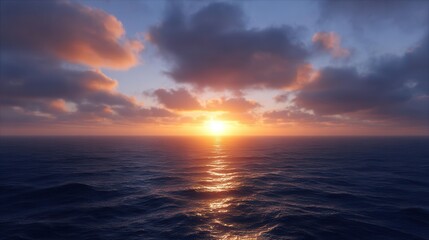 Obraz premium Golden Horizon: A serene ocean expanse mirrors the sun's radiant descent, painting the sky with hues of gold and whispers of twilight.