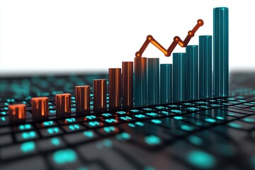 3d digital bar and line graph rising above a keyboard representing data analytics and growth trend in technology environment