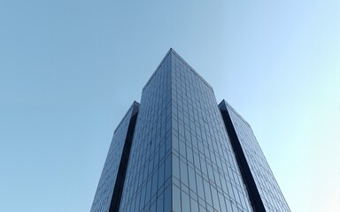 Obraz premium 3D stimulate of high rise curve glass building and dark steel window system on blue clear sky background,Business concept of future architecture,lookup to the angle of the corner building.3d rendering