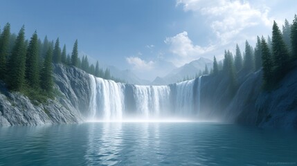 Fototapeta premium Majestic Waterfall Oasis: A serene cascade of water plunges into a tranquil pool, surrounded by rugged cliffs, towering evergreen trees, and distant mountains under a vibrant blue sky.