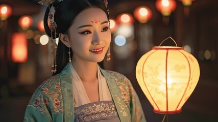 Woman in Hanfu Holding a Glowing Lantern Celebration. September 18 Mid Autumn Festival