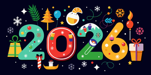 Modern and Stylish 2026 Happy New Year Vector Illustration with Festive Christmas Elements and Contemporary Holiday Design in black background .