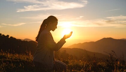 Silhouette of a woman meditating and holding the sun at sunrise