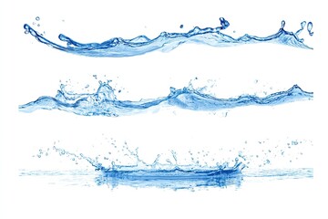 Three horizontal rows of water splashes and waves against a white background