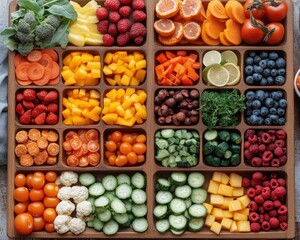 Overhead view of a wooden tray with assorted fresh fruits and vegetables. Perfect for healthy eating, dieting, or a vibrant food presentation.