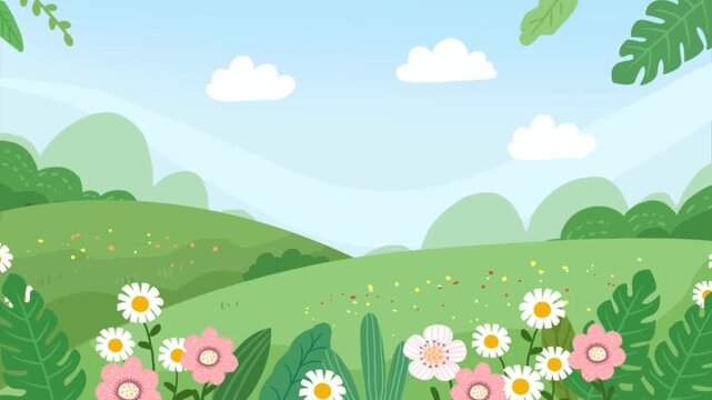 A simple and pleasant cartoon landscape of rolling green hills with colorful flowers and leafy frames. A clean and cheerful background for spring or summer themes.