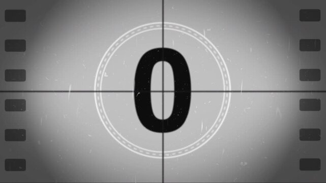 Old film strip countdown 5 to 0 in grey color. Vintage defocused film look, flicker, grain and scratches effect. 4K animation.