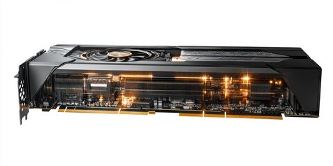 high-performance computer graphics processing unit with cooling fan and illuminated internal components