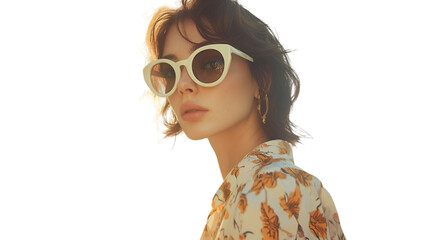 Portrait of a woman wearing stylish sunglasses and a floral shirt fashion and beauty photoshoot against white transparent background	