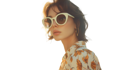 Portrait of a woman wearing stylish sunglasses and a floral shirt fashion and beauty photoshoot against white transparent background	
