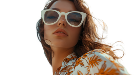 Portrait of woman with sunglasses and floral shirt summer fashion style trendy outdoor photoshoot sunny day light 100 against white transparent background	